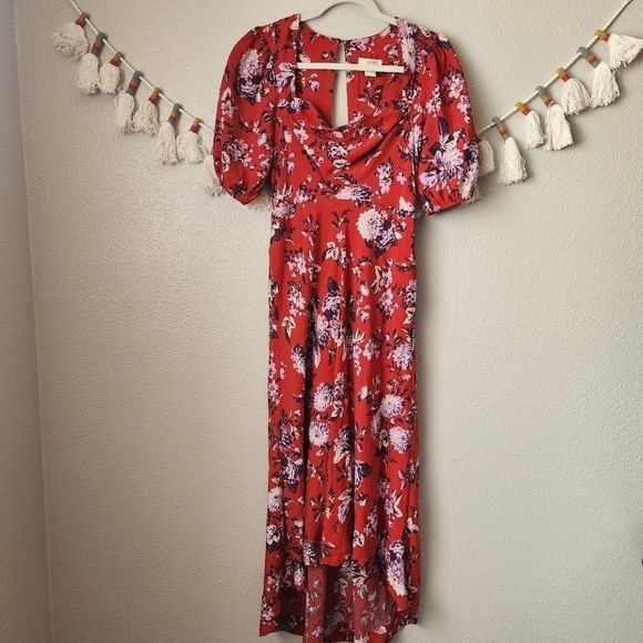 Anthropologie Maeve Mavis Puff Sleeve Floral Midi Dress Orange Boho Cottage 4 - Picture 2 of 14